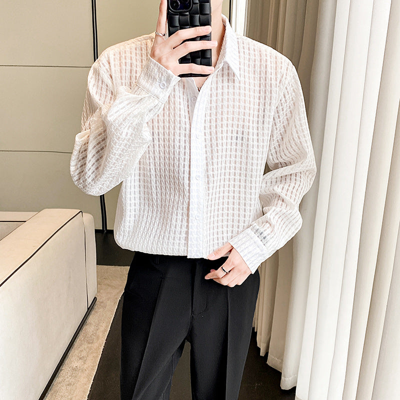 メンズ チェック柄シアーシャツ